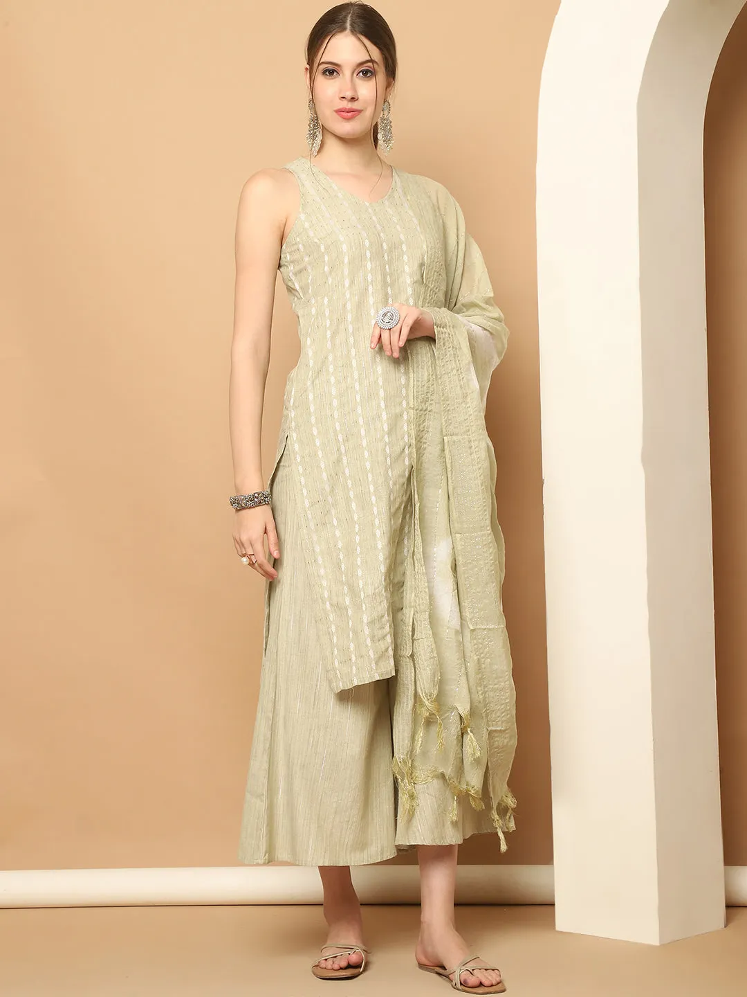 Dobby Green Kurta With Palazzos & With Dupatta