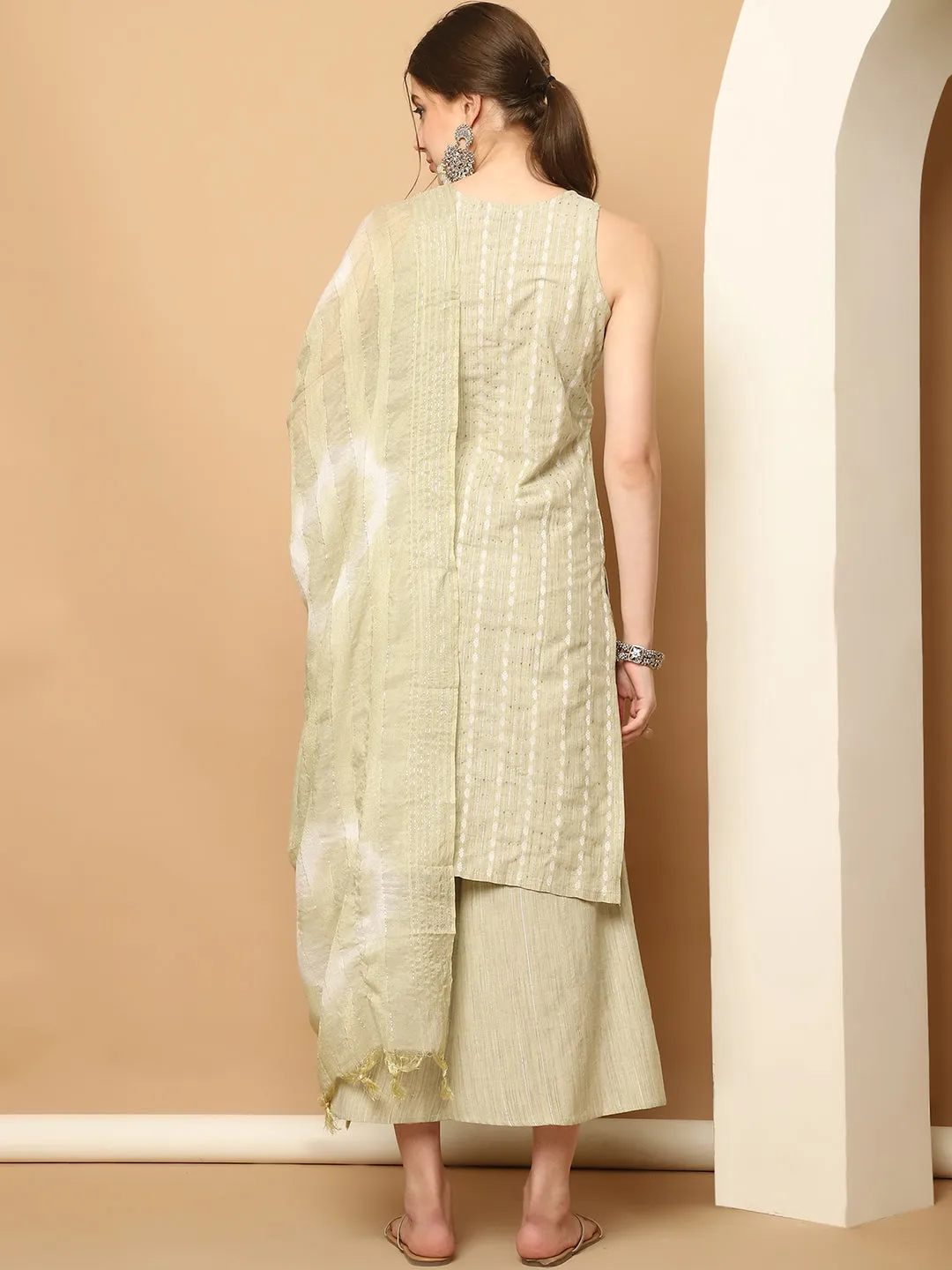 Dobby Green Kurta With Palazzos & With Dupatta