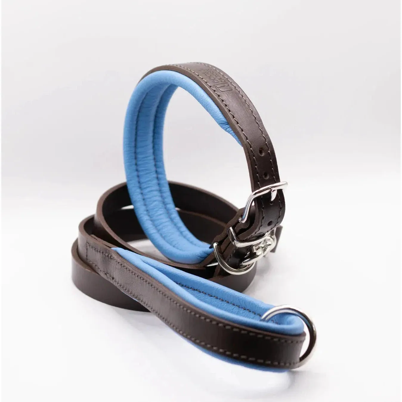 Dogs & Horses Padded Leather Dog Collar - Blue & Brown