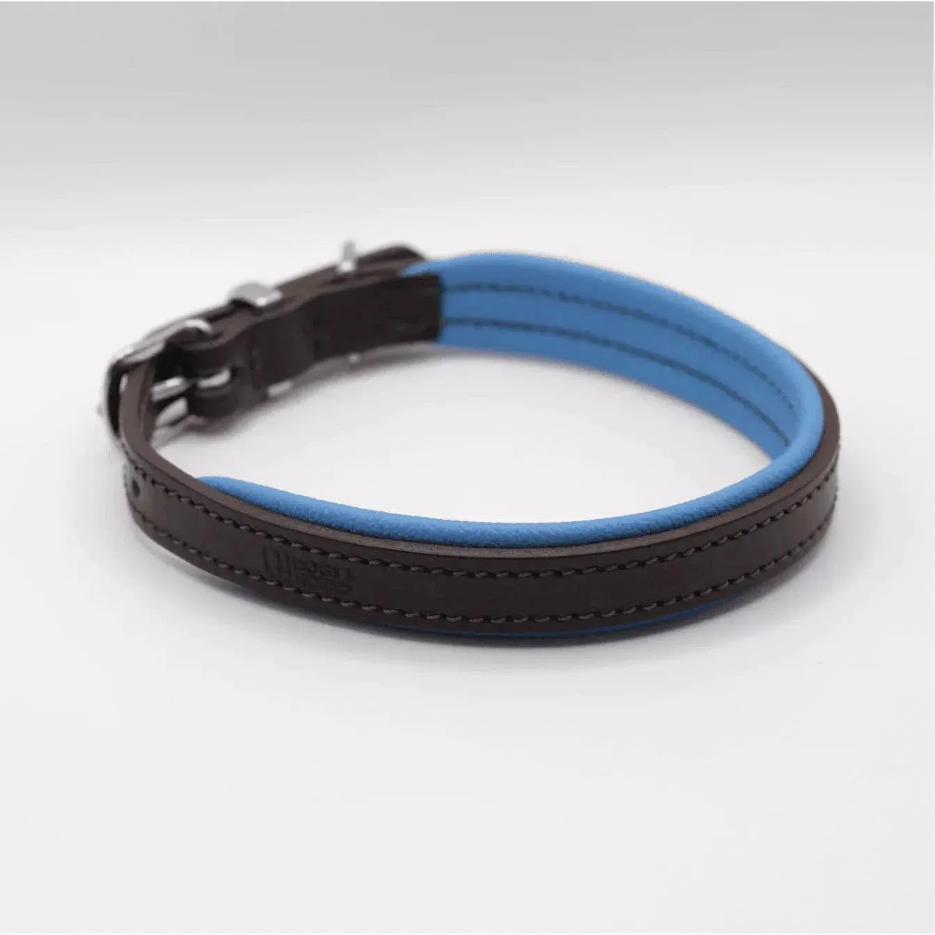 Dogs & Horses Padded Leather Dog Collar - Blue & Brown