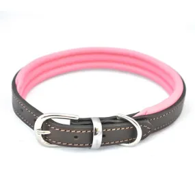 Dogs & Horses Padded Leather Dog Collar -  Pink & Brown