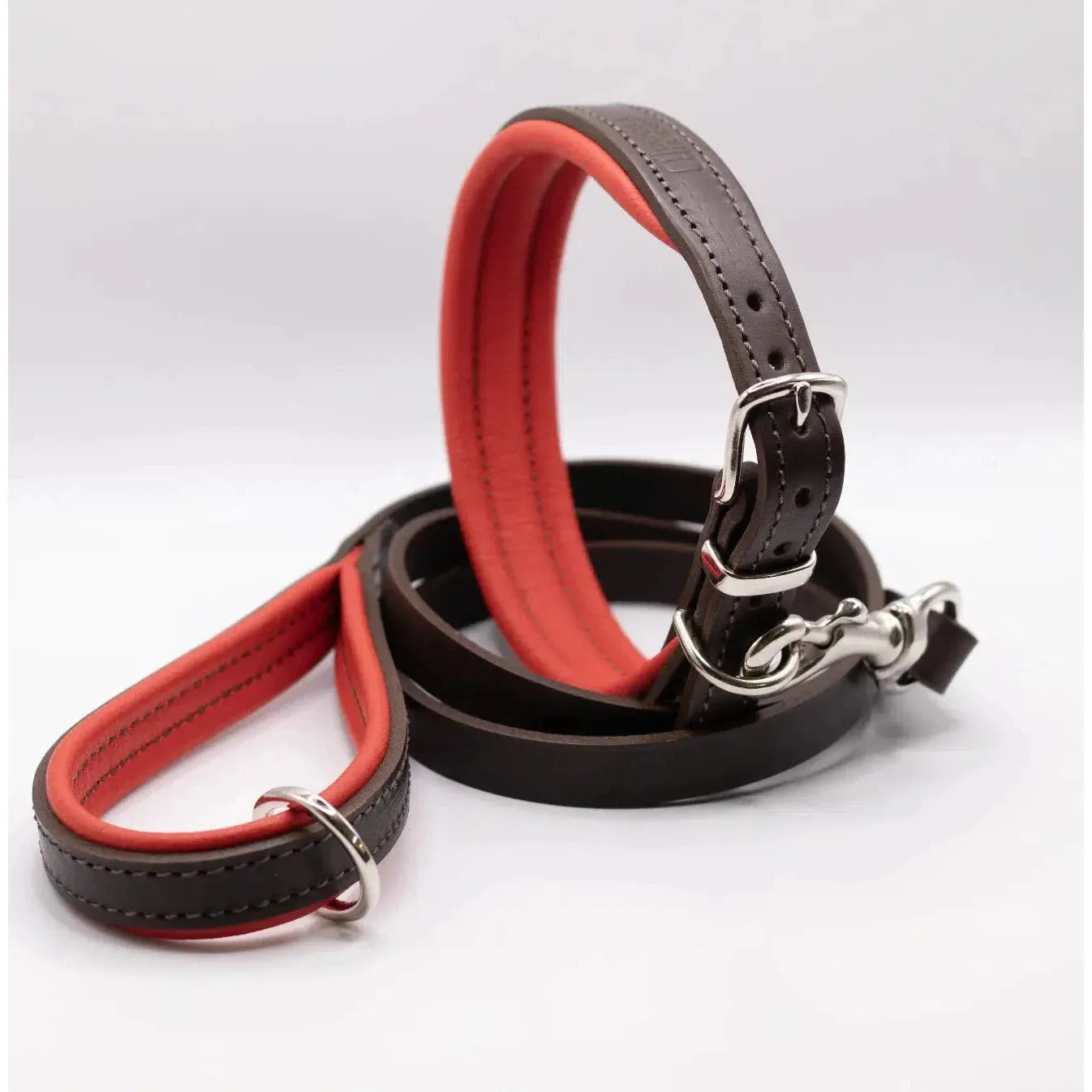 Dogs & Horses Padded Leather Dog Collar - Red & Brown