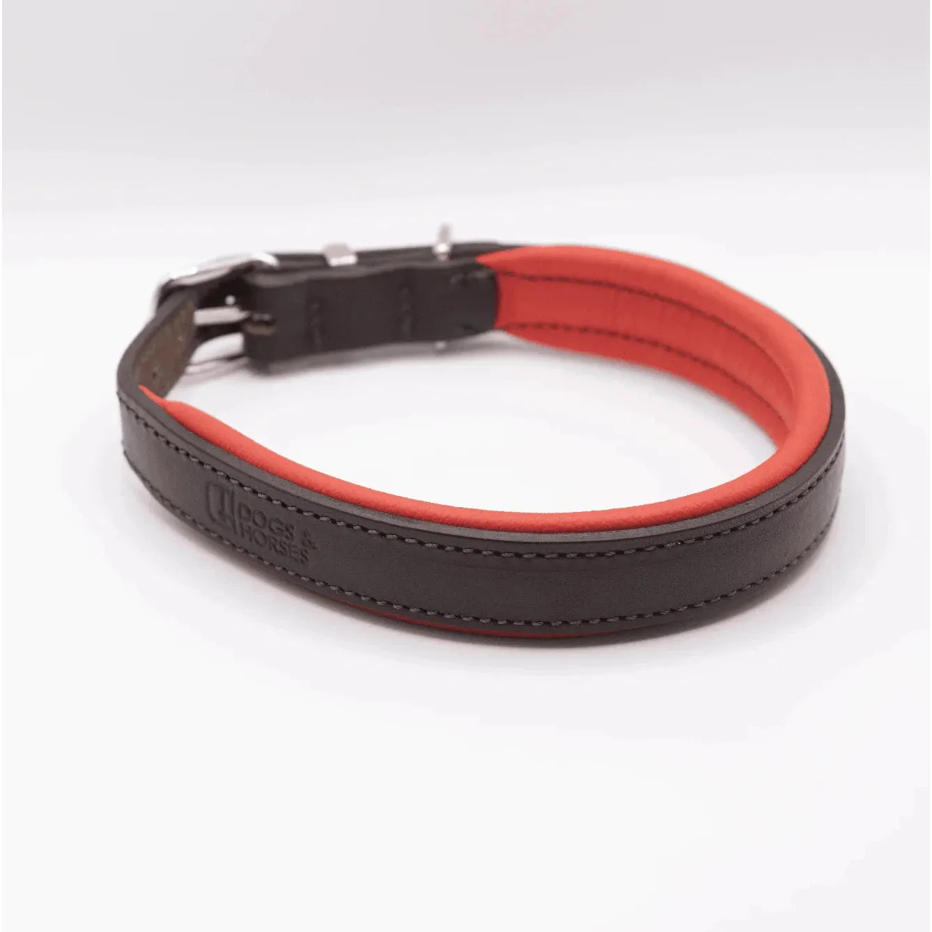 Dogs & Horses Padded Leather Dog Collar - Red & Brown