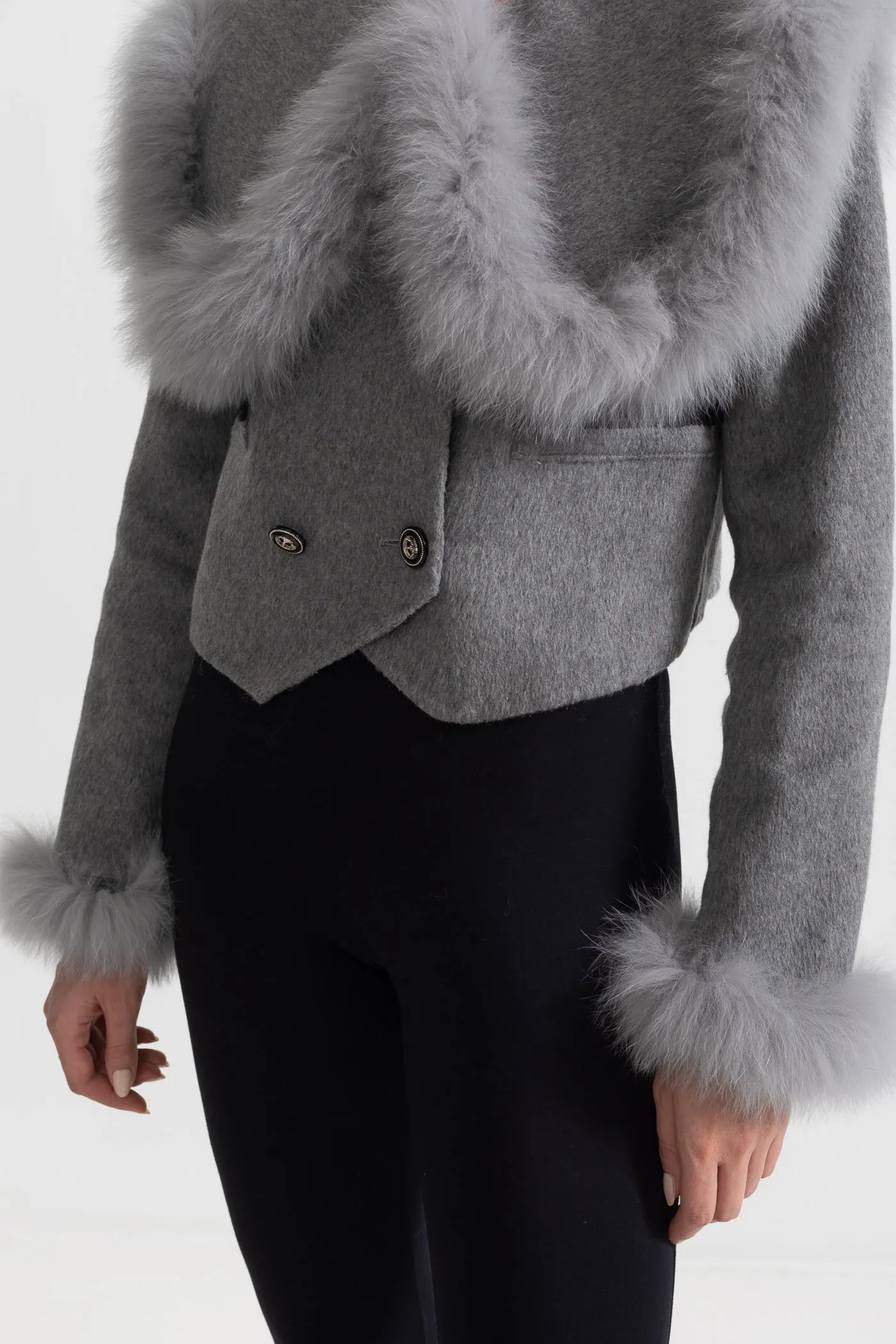 Double Breasted Cropped Jacket With Fur Collar Embellishment - Gray