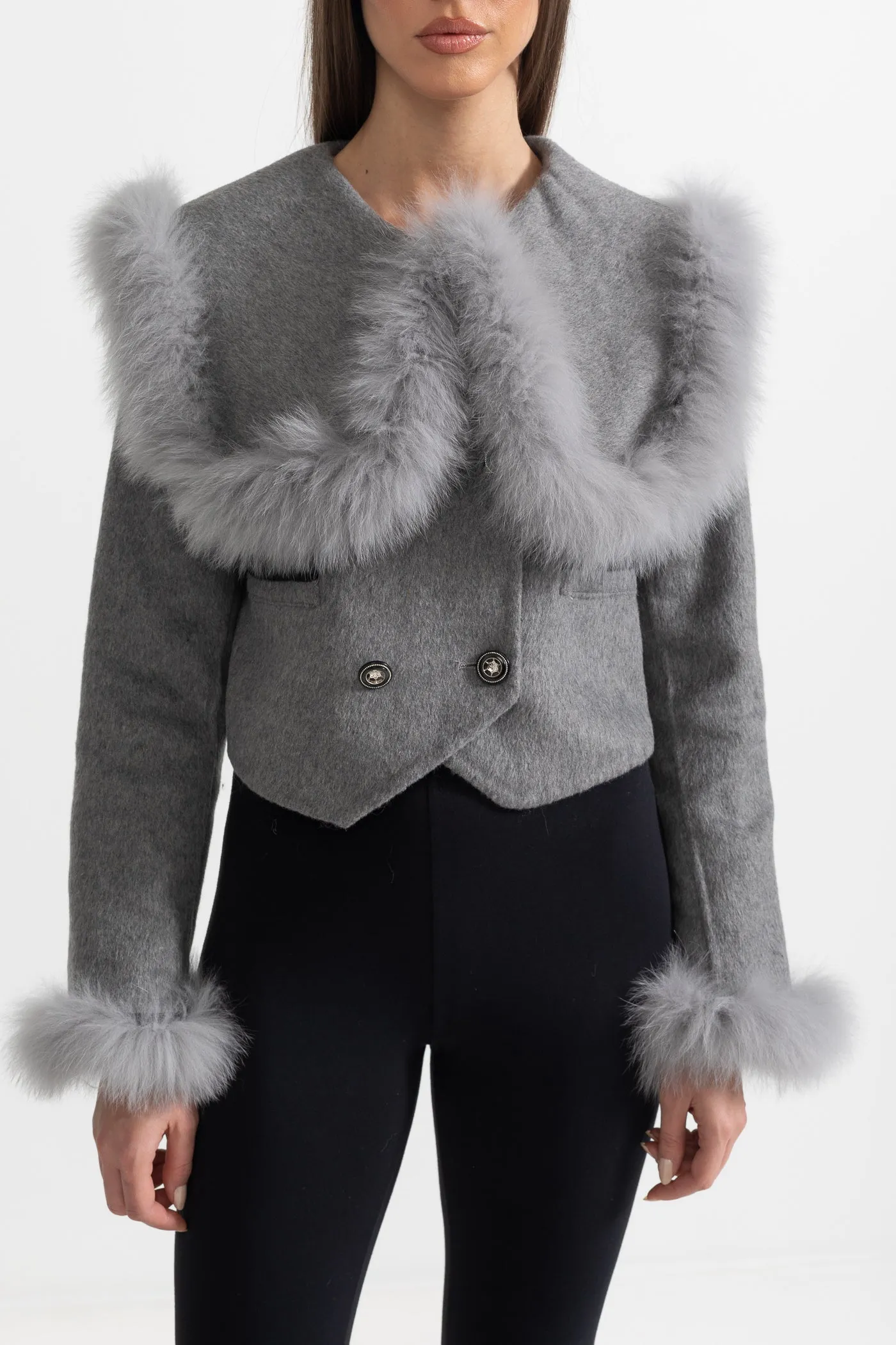 Double Breasted Cropped Jacket With Fur Collar Embellishment - Gray