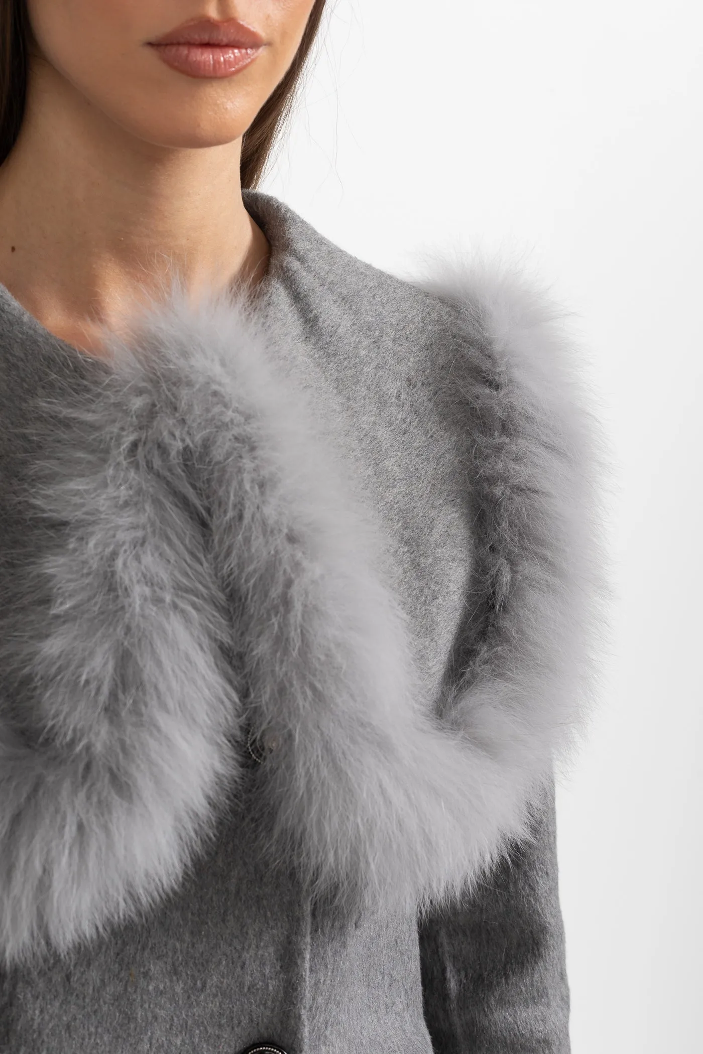 Double Breasted Cropped Jacket With Fur Collar Embellishment - Gray