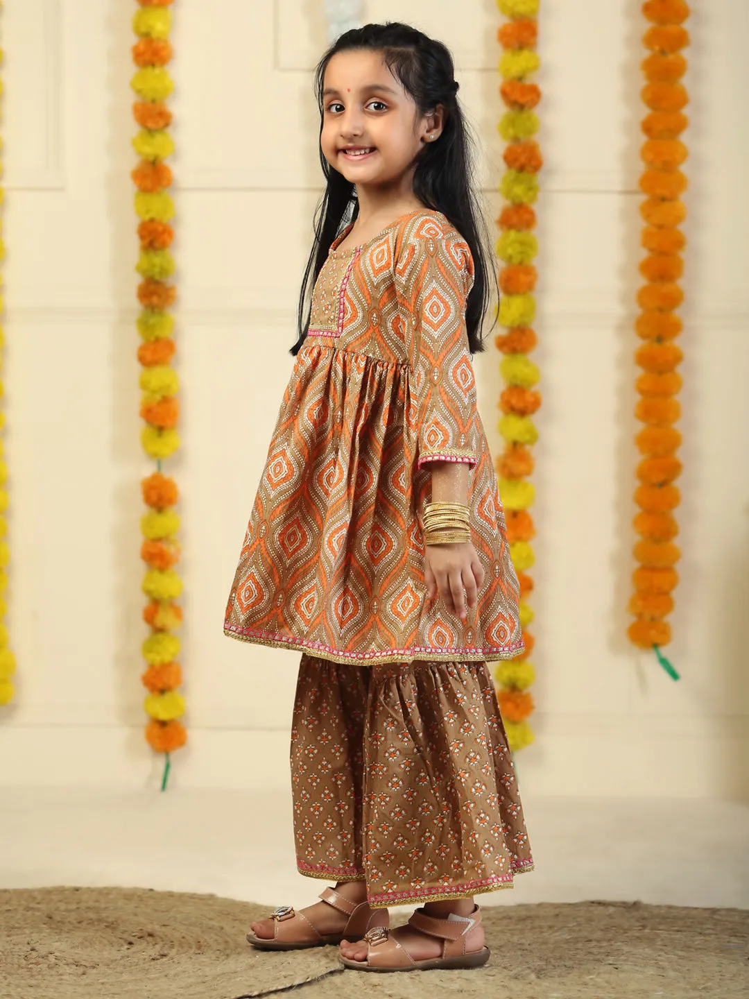 Earth Brown Floral Print Girls Anarkali Kurta Sharara Set