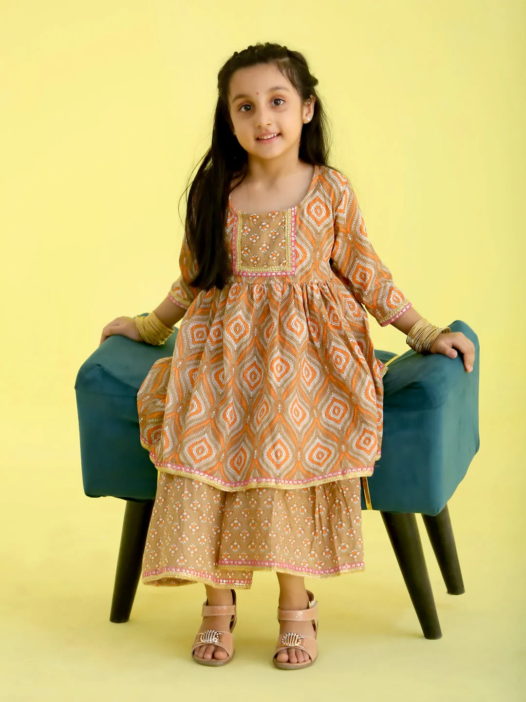 Earth Brown Floral Print Girls Anarkali Kurta Sharara Set