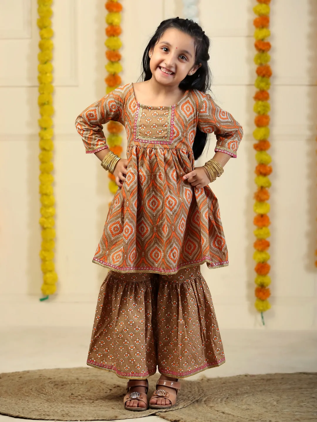 Earth Brown Floral Print Girls Anarkali Kurta Sharara Set