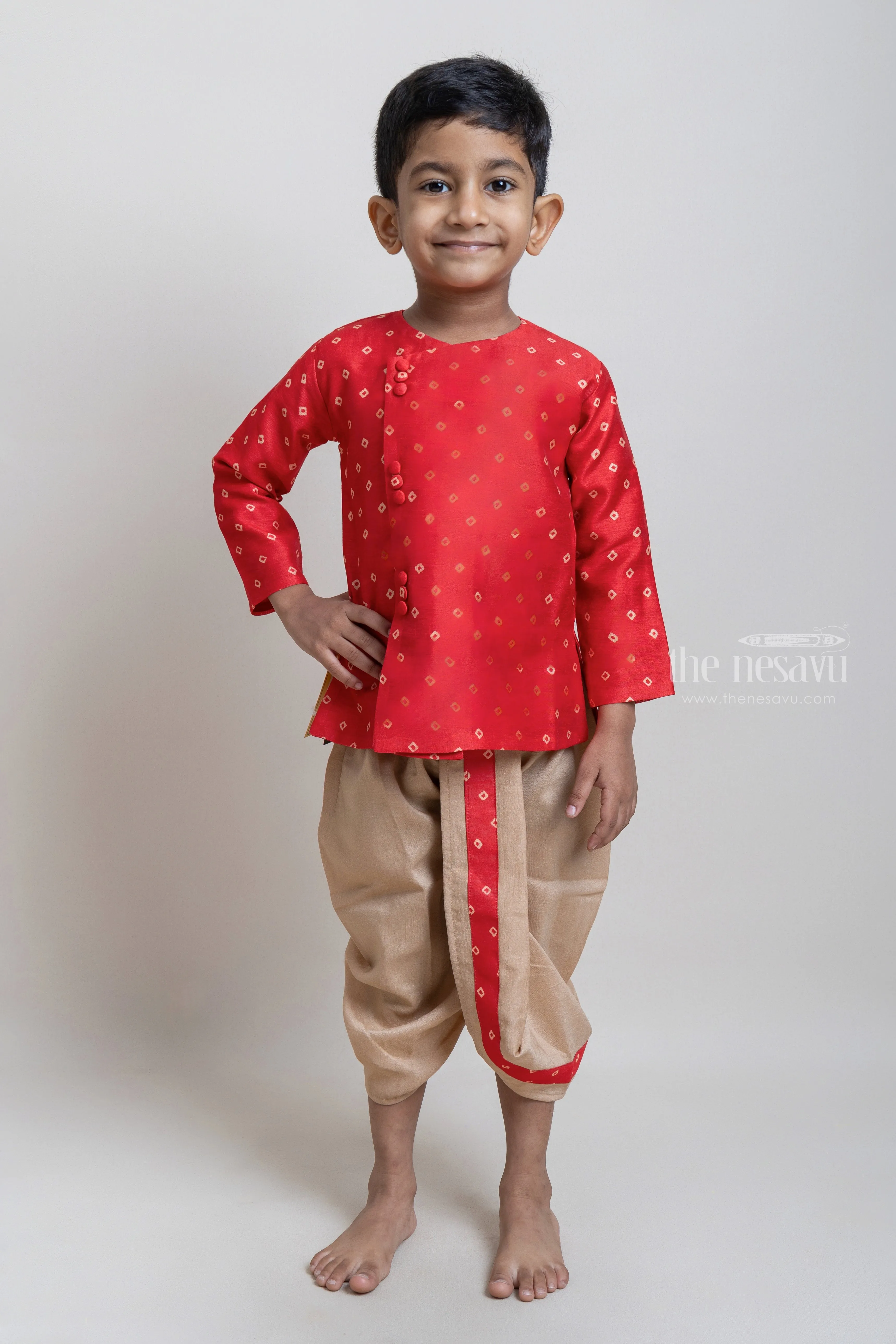 Elegant Cherry Red Ethnic Kuta With Contrast Dhoti For Boys