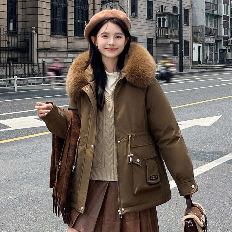 Elegant Waist Tight Short Parka with Removable Faux Fur Collar Chic Winter Essential