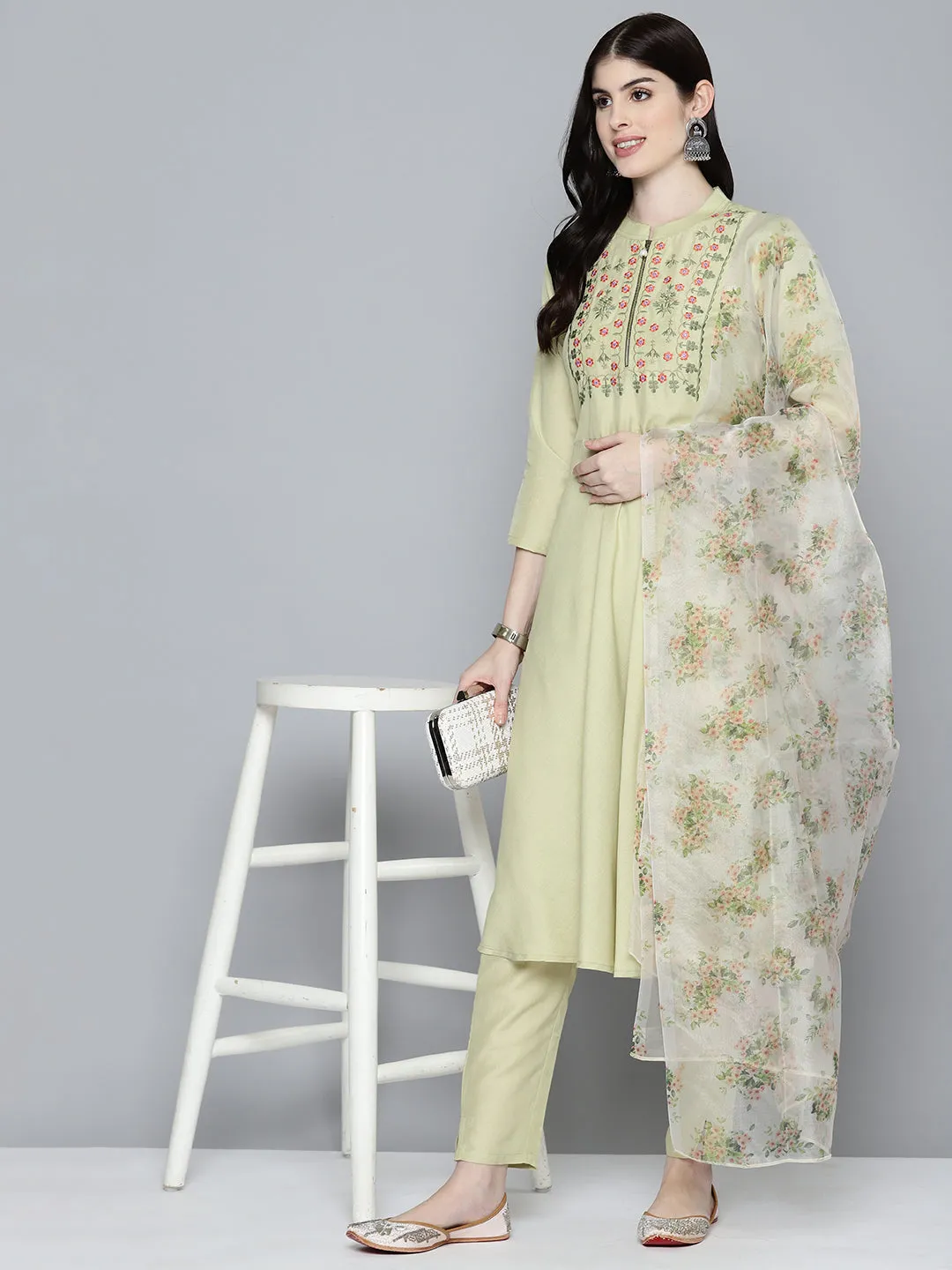 Embroidered Falred Kurta, Printed Dupatta With Pants