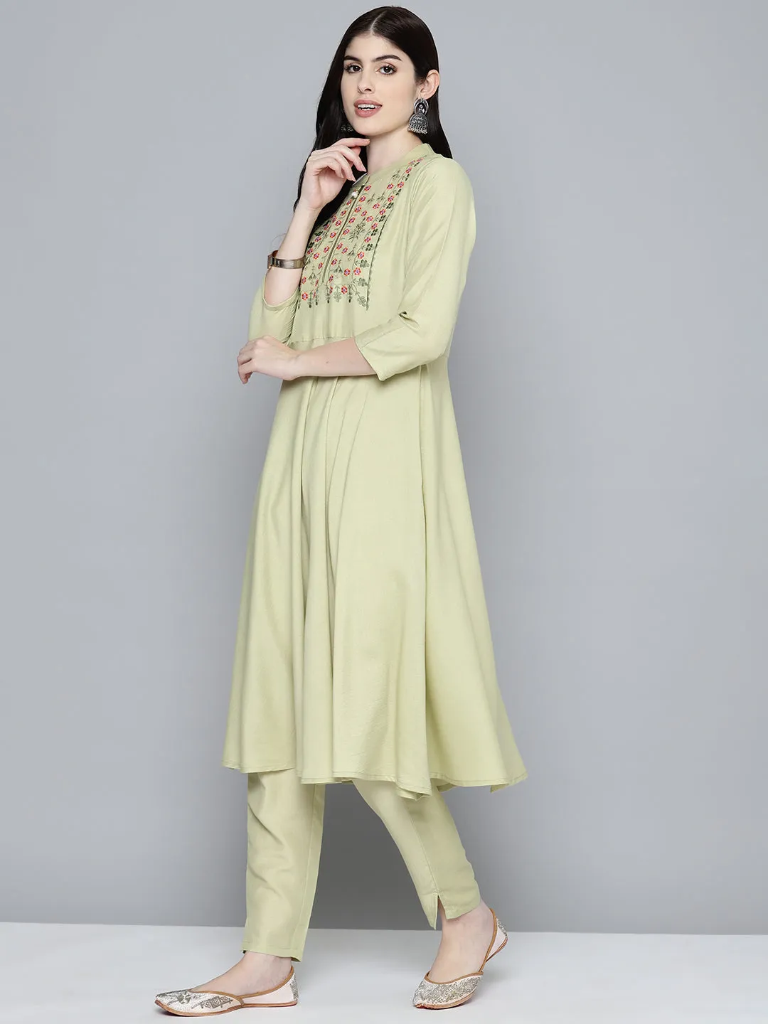 Embroidered Falred Kurta, Printed Dupatta With Pants