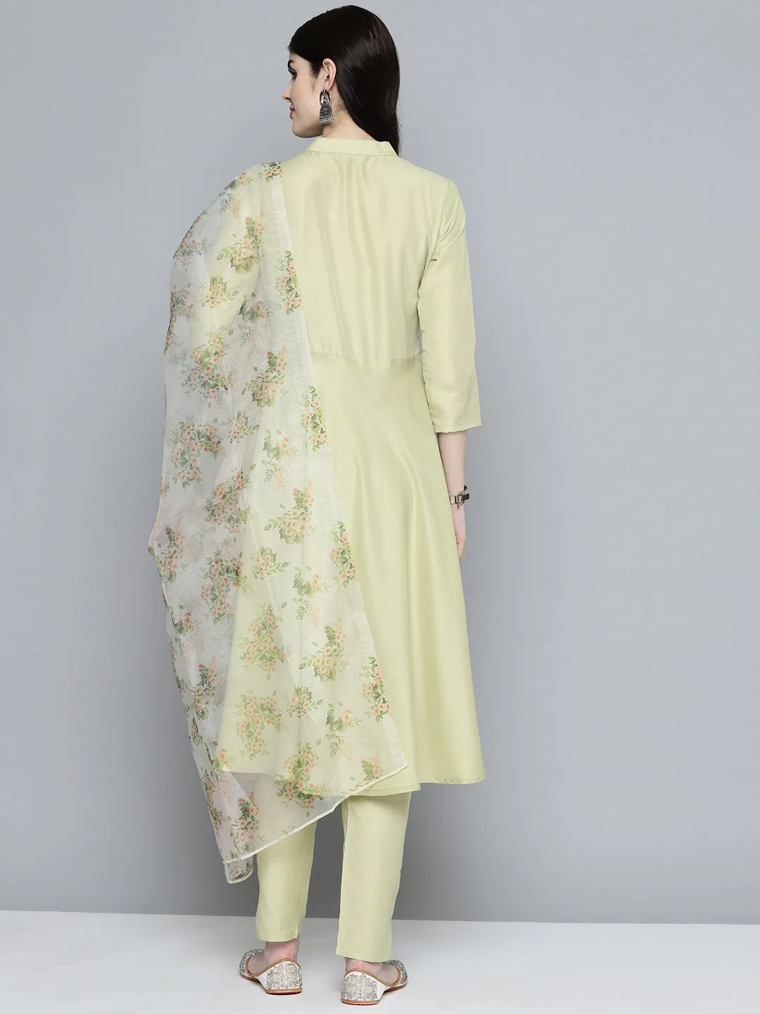 Embroidered Falred Kurta, Printed Dupatta With Pants