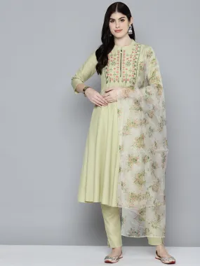 Embroidered Falred Kurta, Printed Dupatta With Pants