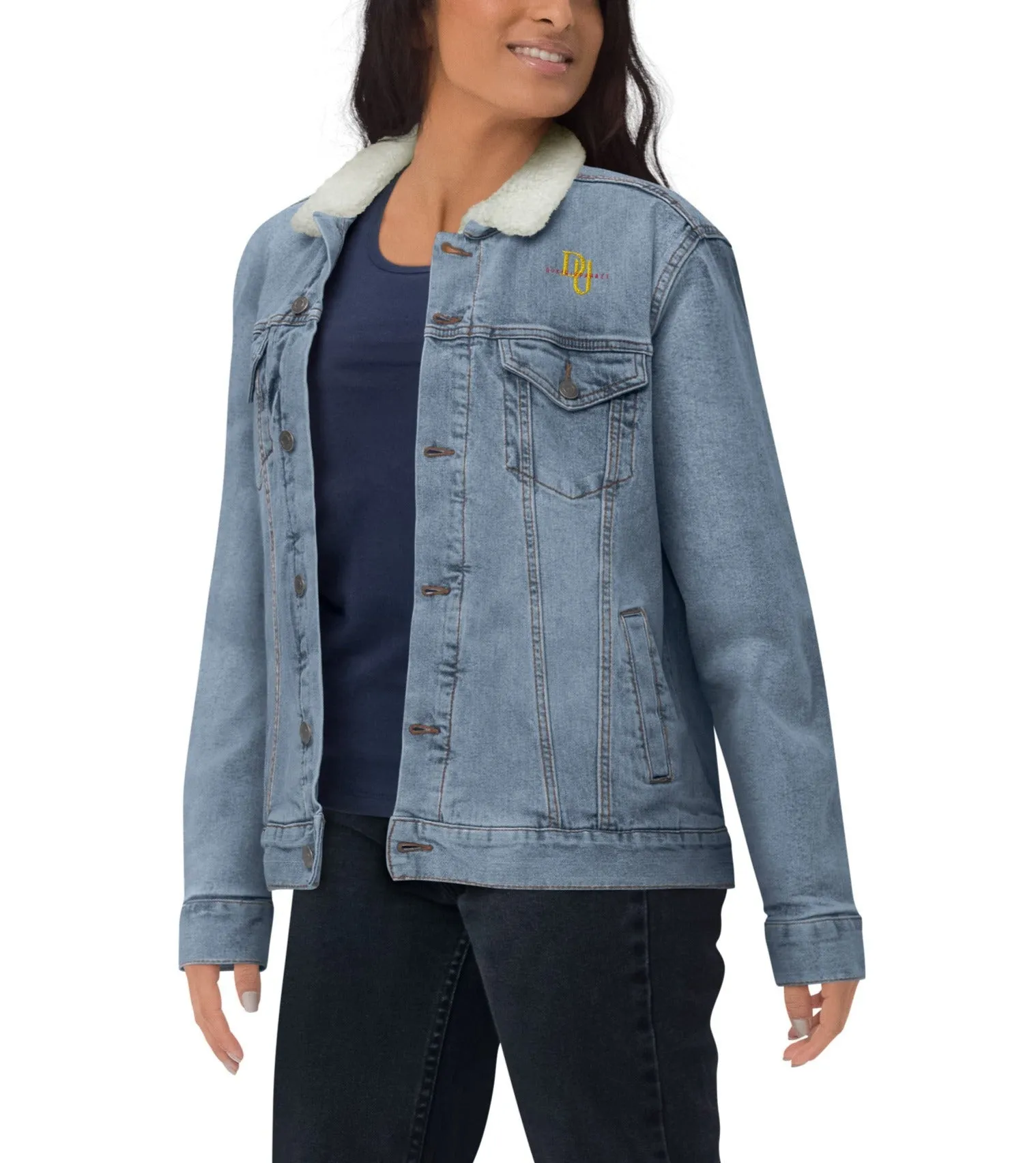 Embroidered Mockingbird light blue denim sherpa jacket