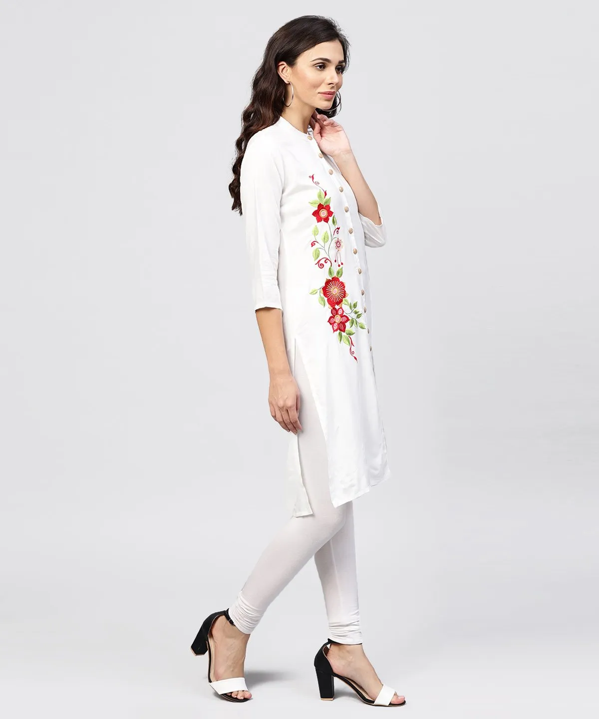 Embroidered Off White Rayon Kurta With Madarin Collar