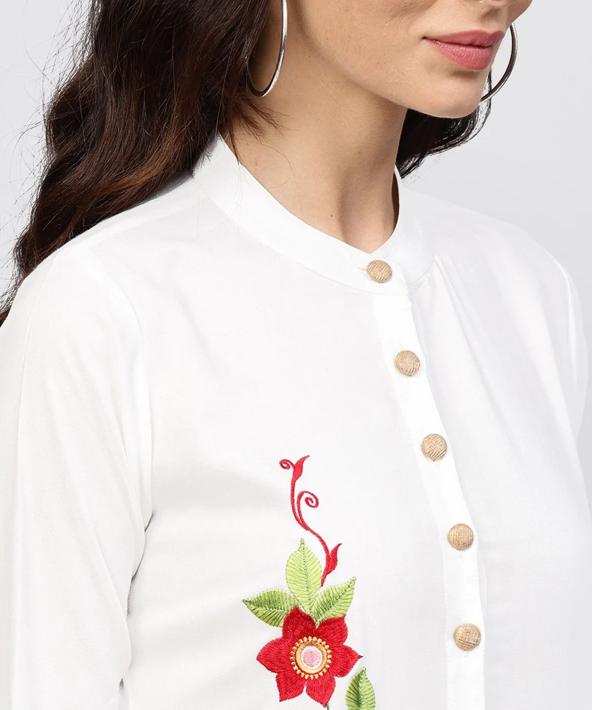 Embroidered Off White Rayon Kurta With Madarin Collar