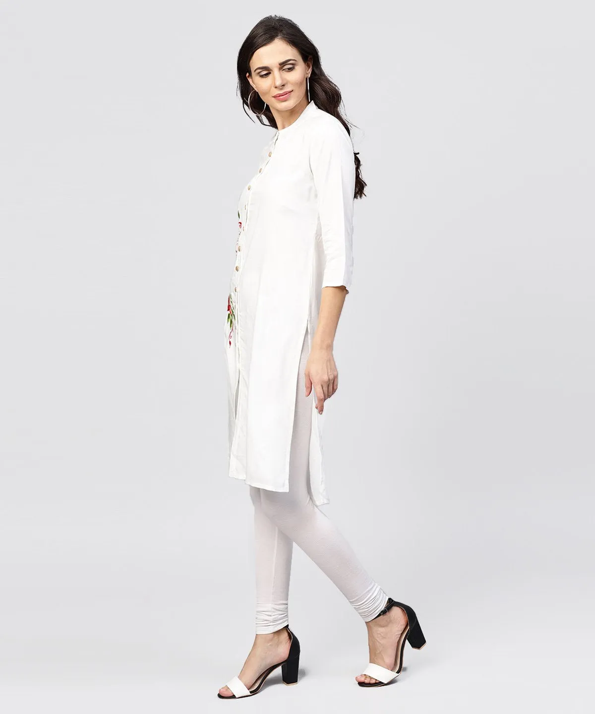 Embroidered Off White Rayon Kurta With Madarin Collar