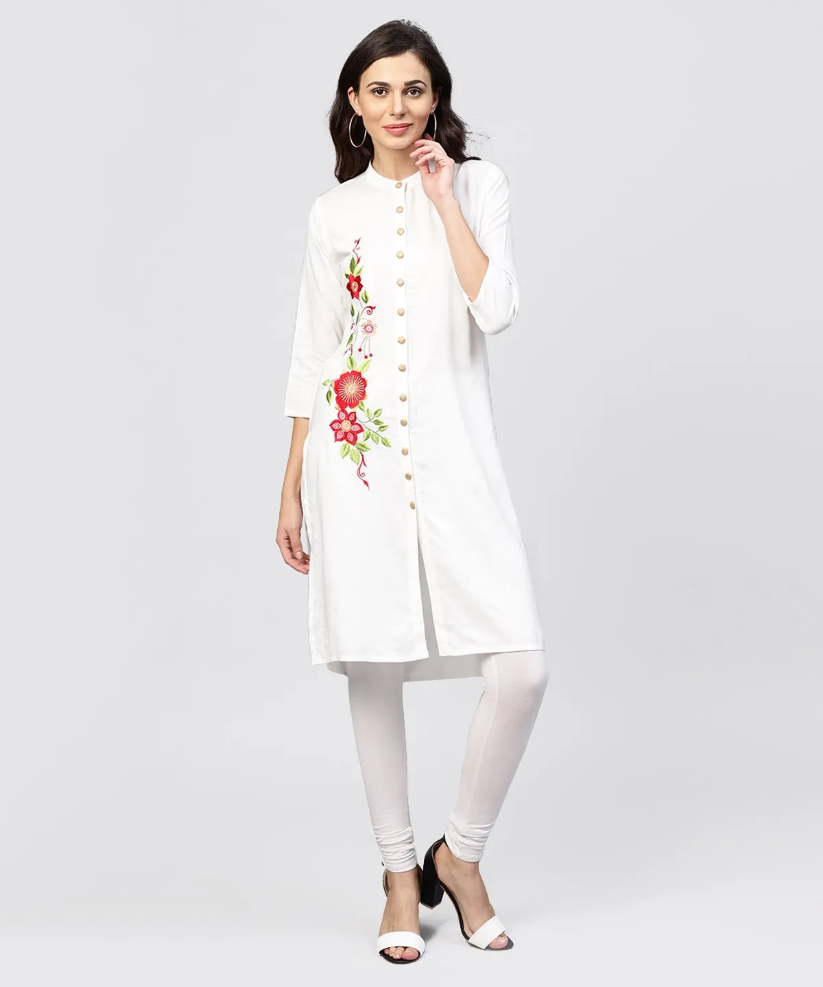 Embroidered Off White Rayon Kurta With Madarin Collar