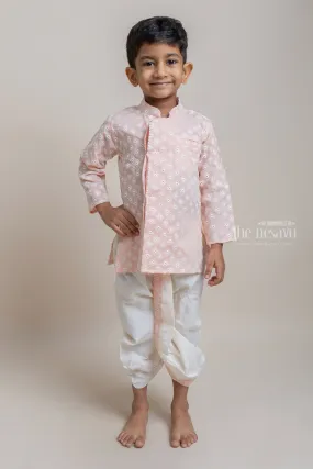 Embroidery Salmon Pink Ethnic Kurta With White Dhoti For Boys