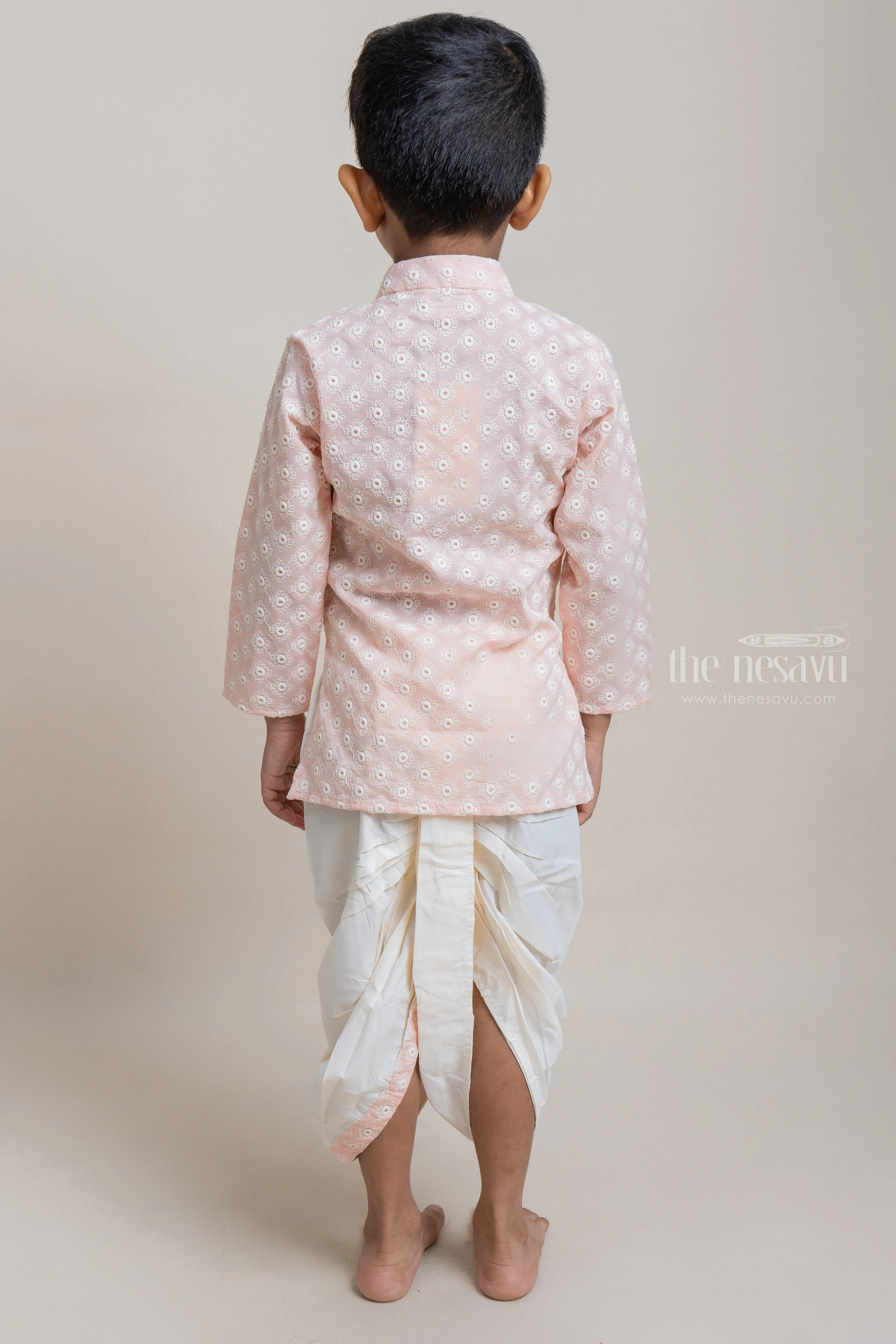 Embroidery Salmon Pink Ethnic Kurta With White Dhoti For Boys