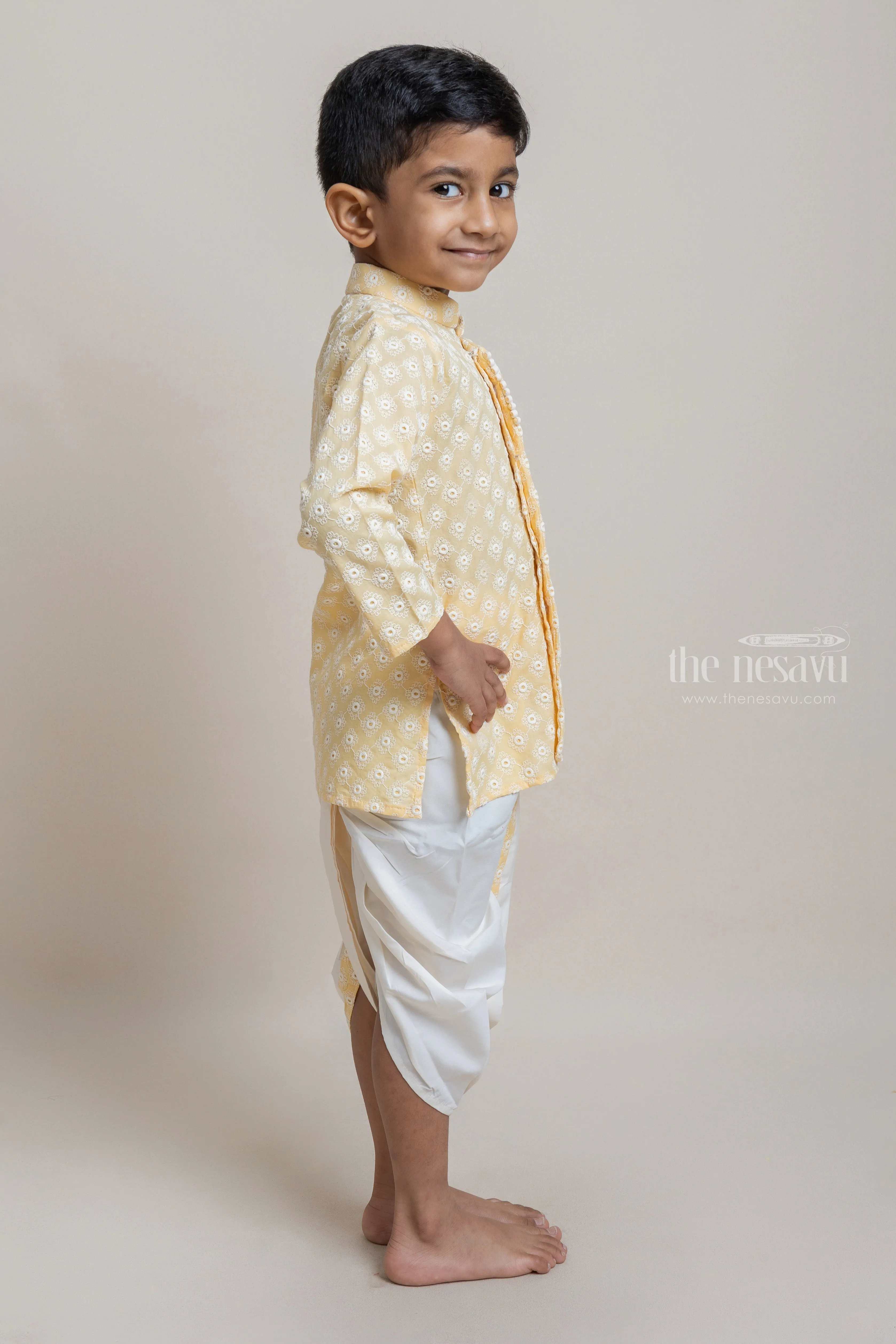 Embroidery Yellow Ethnic Kurta With White Dhoti For Boys