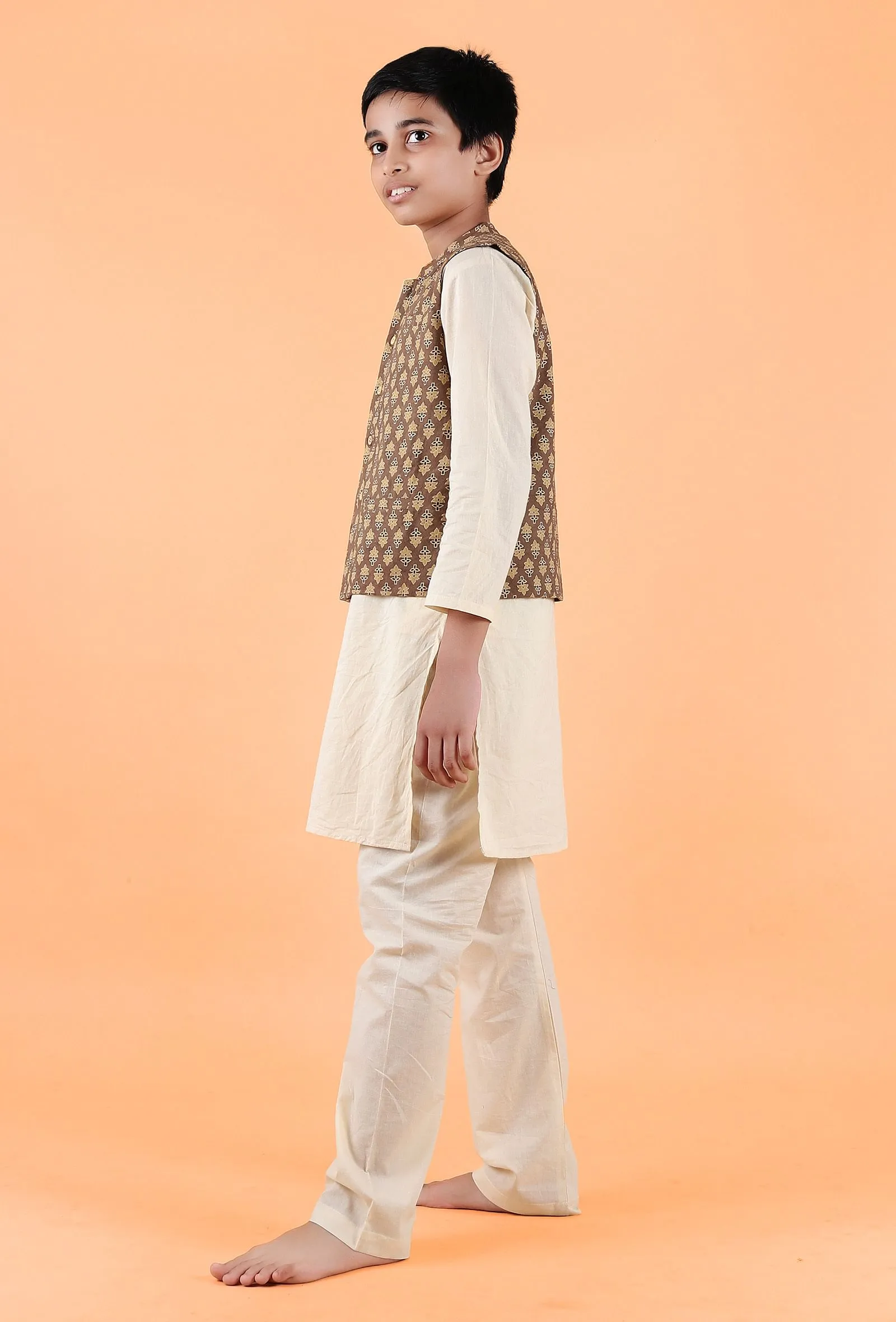 Enzo Khaki Ajrakh Print Cotton Nehru Jacket