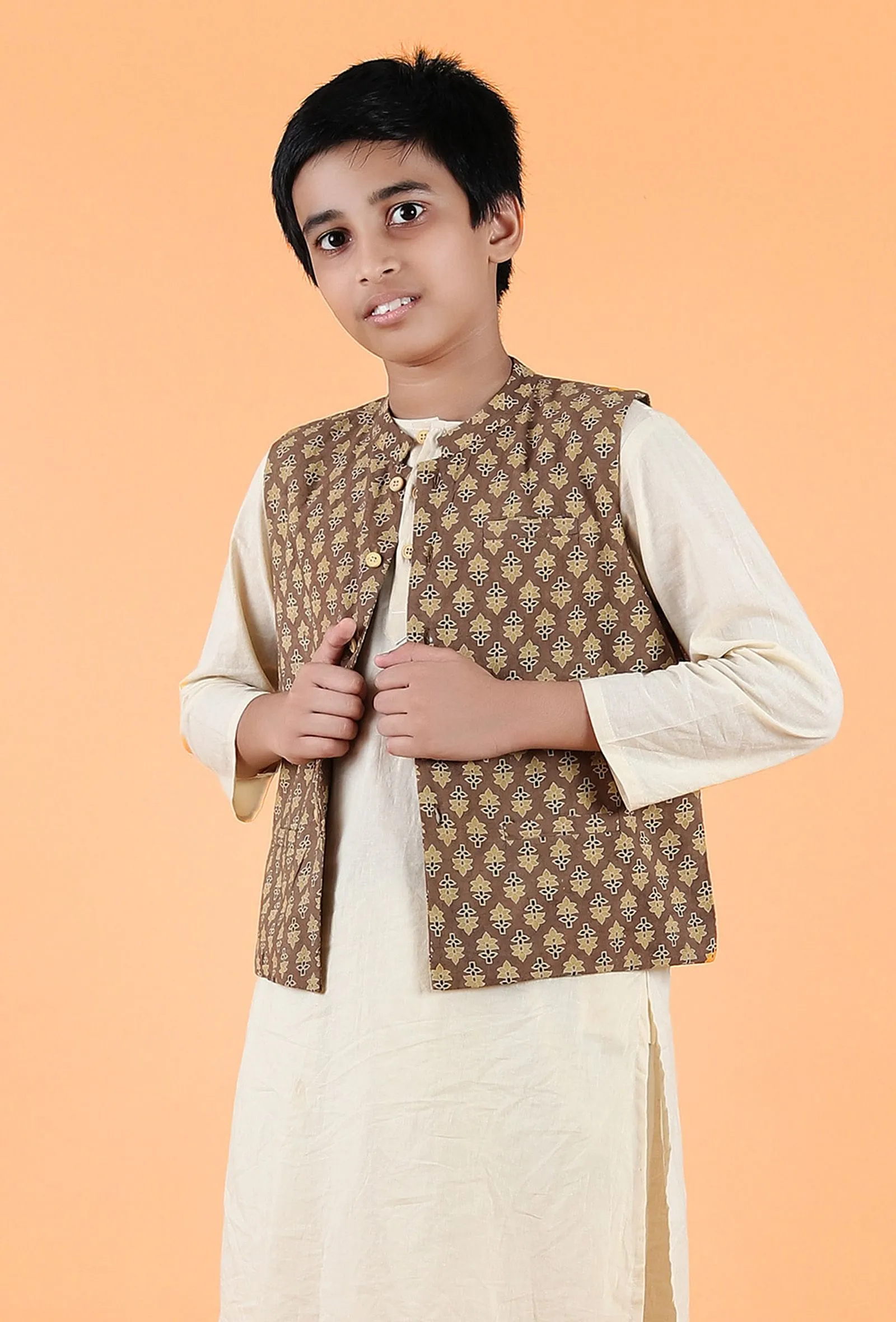 Enzo Khaki Ajrakh Print Cotton Nehru Jacket