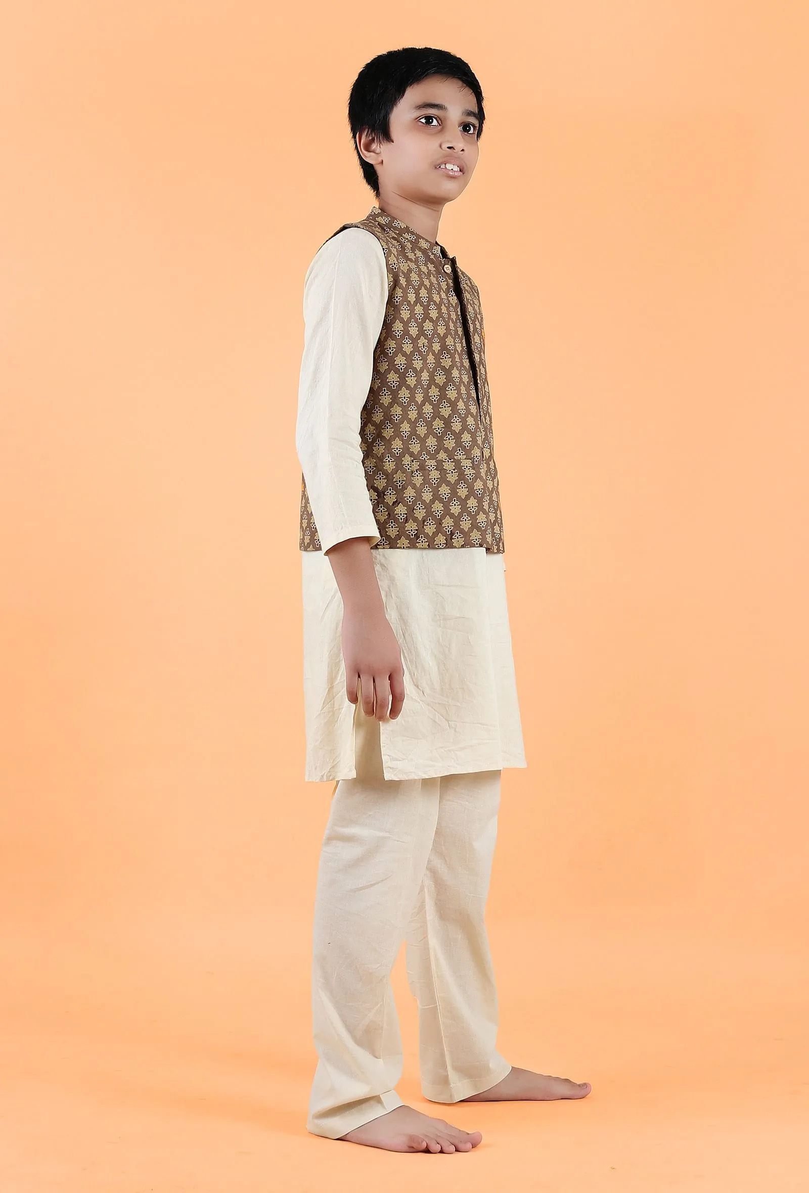 Enzo Khaki Ajrakh Print Cotton Nehru Jacket