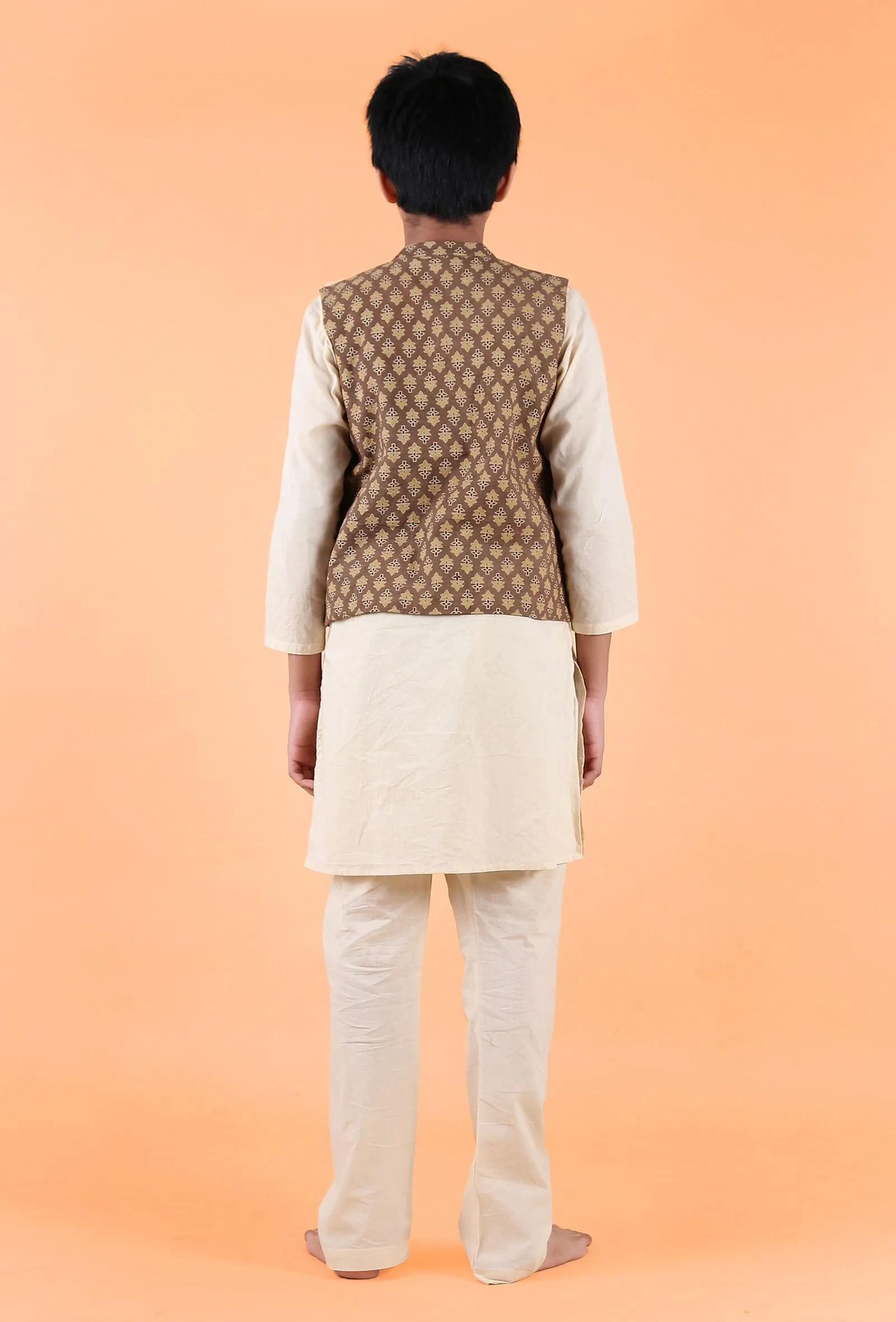 Enzo Khaki Ajrakh Print Cotton Nehru Jacket