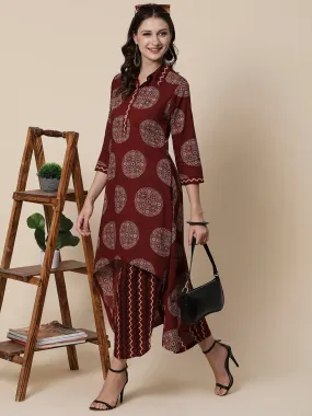 Ethnic & Chevron Printed A-line High - Low Kurta with Palazzo - Brown