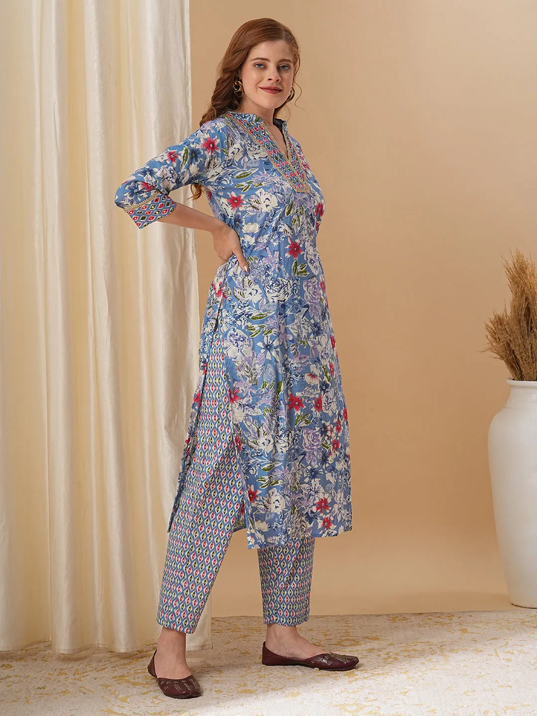 Ethnic & Floral Printed Mirror Embroidered Straight Fit Kurta with Pant - Blue