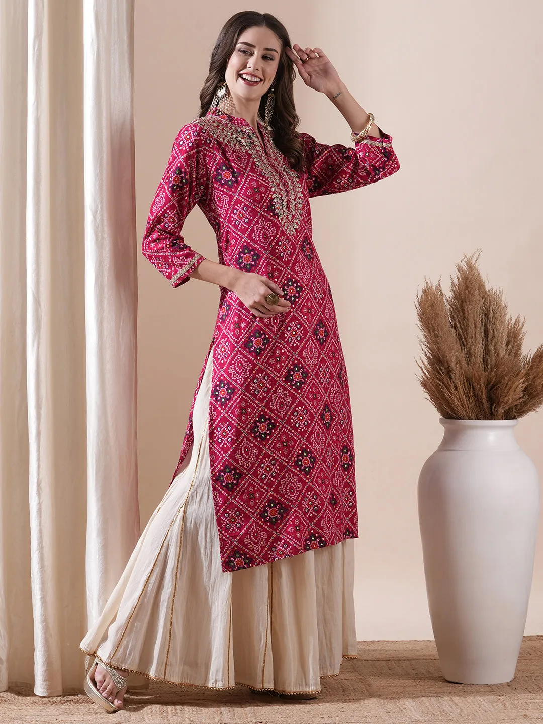 Ethnic Bandhani Printed Mirror & Zari Embroidered Kurta - Pink