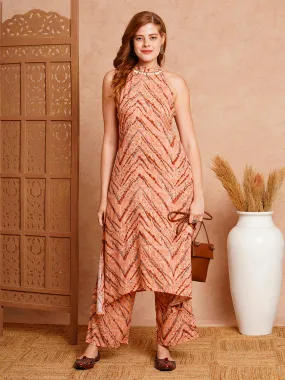 Ethnic Chevron Foil Printed A-Line Co-ord Set - Dusty Peach