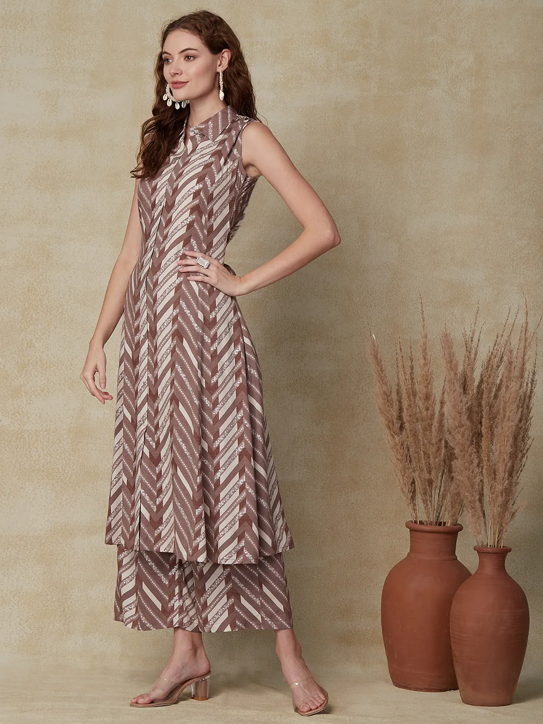 Ethnic Chevron Foil Printed A-Line Paneled Kurta with Pant - Brown