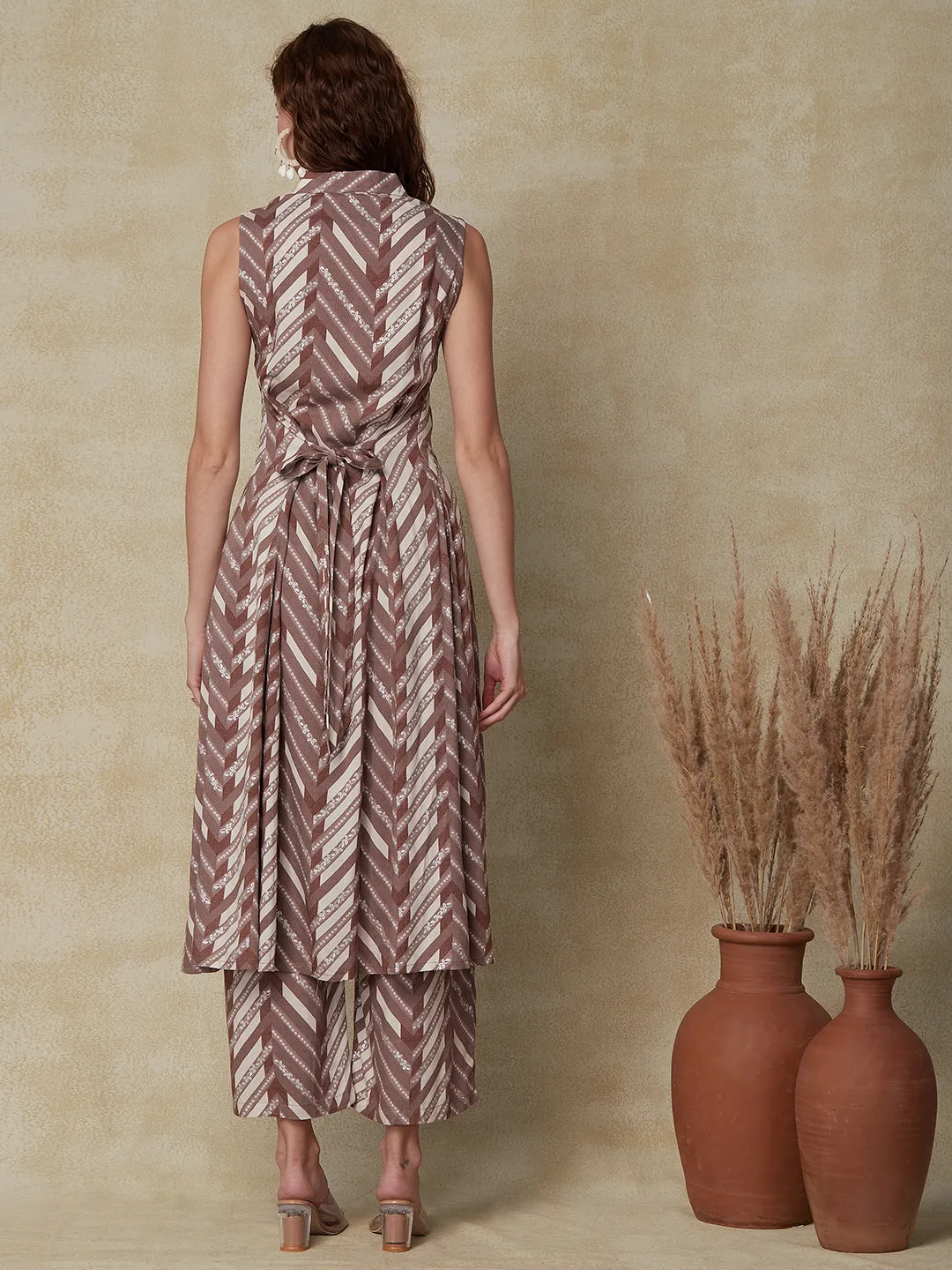 Ethnic Chevron Foil Printed A-Line Paneled Kurta with Pant - Brown