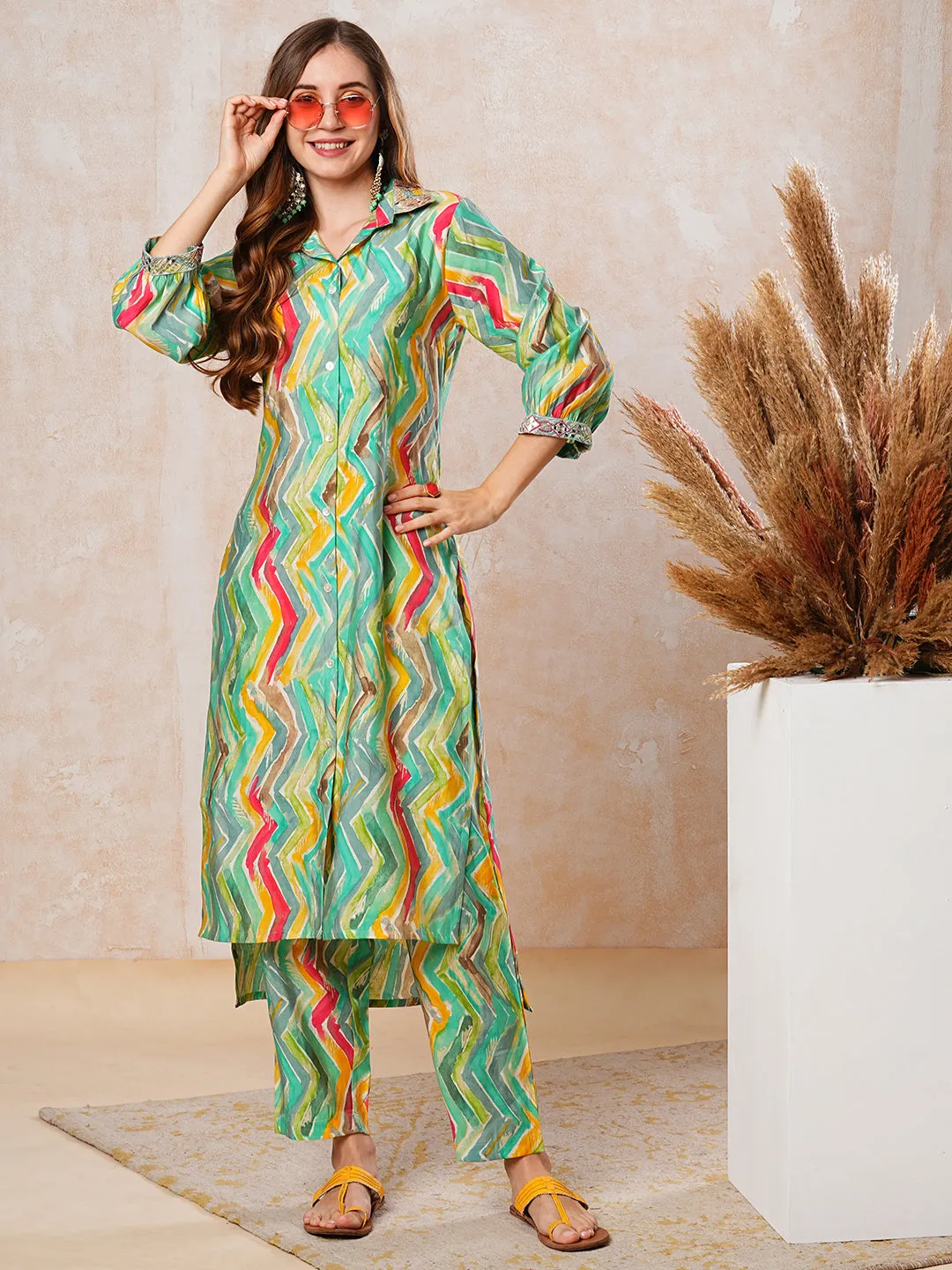 Ethnic Chevron Foil Printed & Zari Embroidered Straight Fit Co-ord Set - Multi