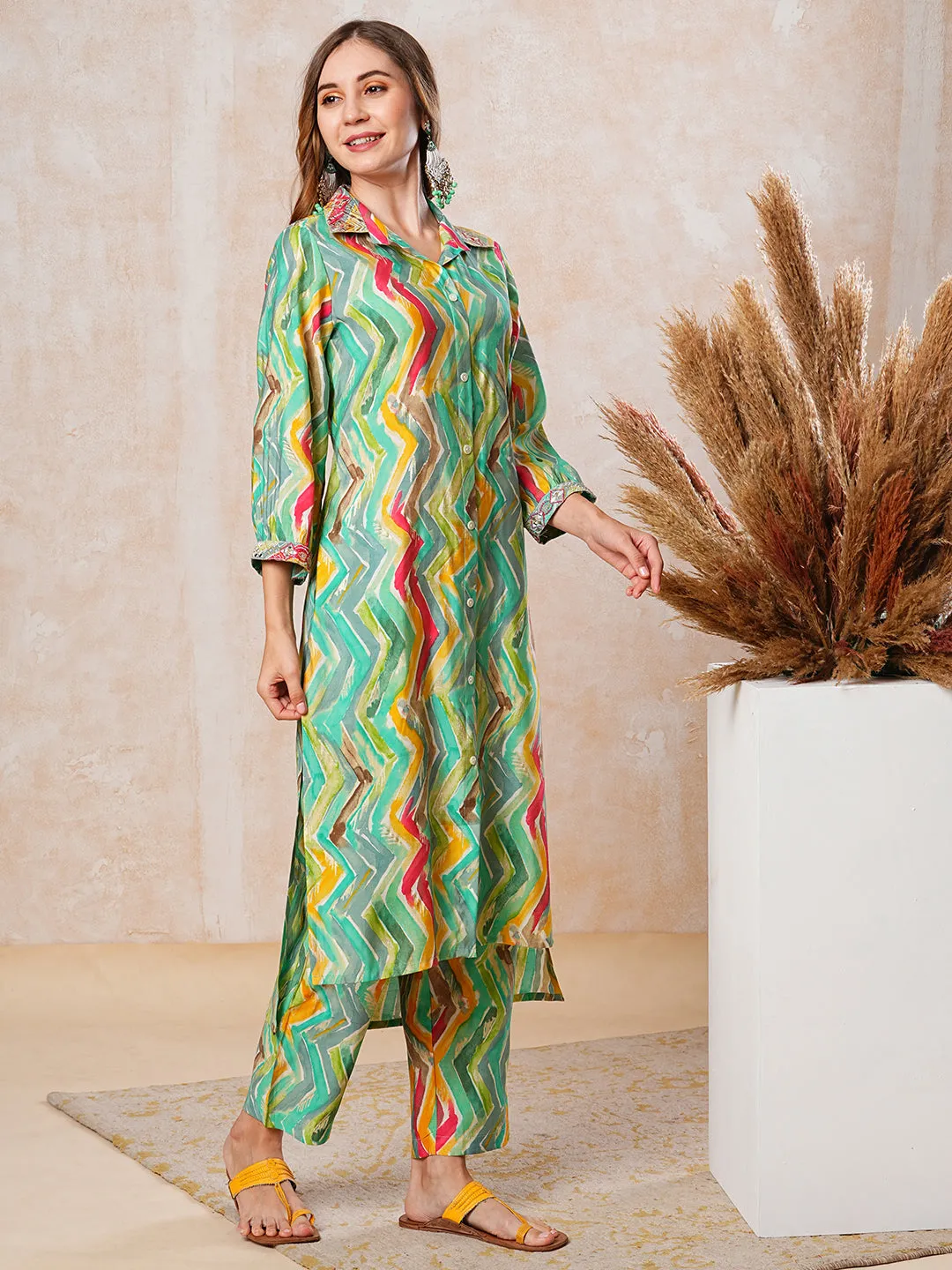 Ethnic Chevron Foil Printed & Zari Embroidered Straight Fit Co-ord Set - Multi