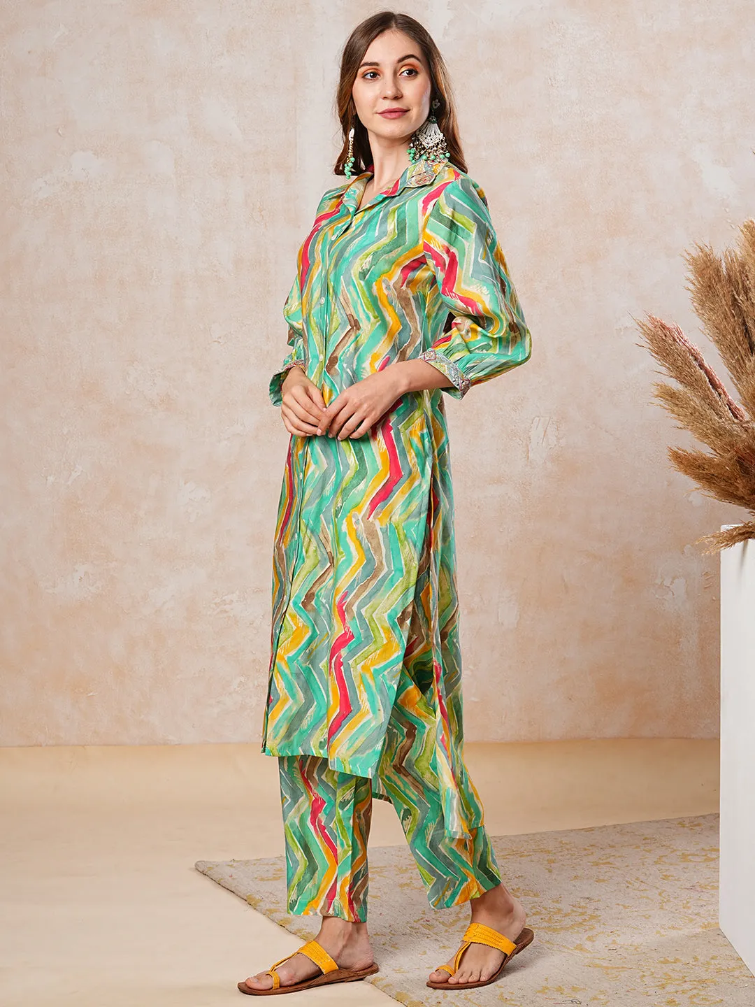 Ethnic Chevron Foil Printed & Zari Embroidered Straight Fit Co-ord Set - Multi