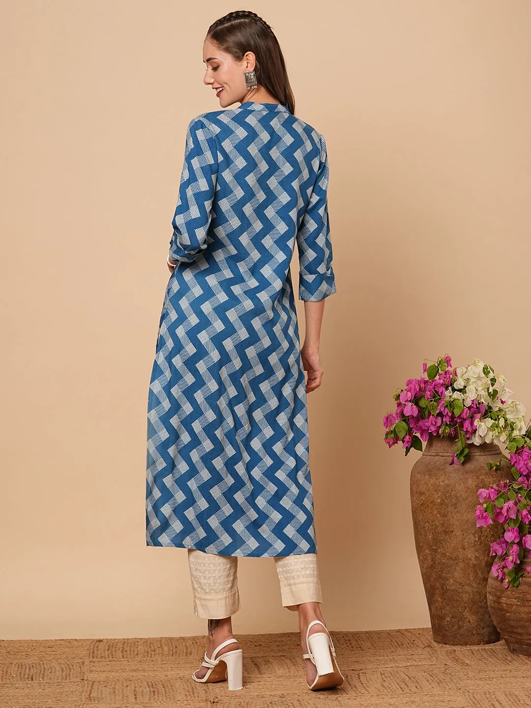 Ethnic Chevron Printed & Mirror Embroidered Straight Fit Kurta - Blue