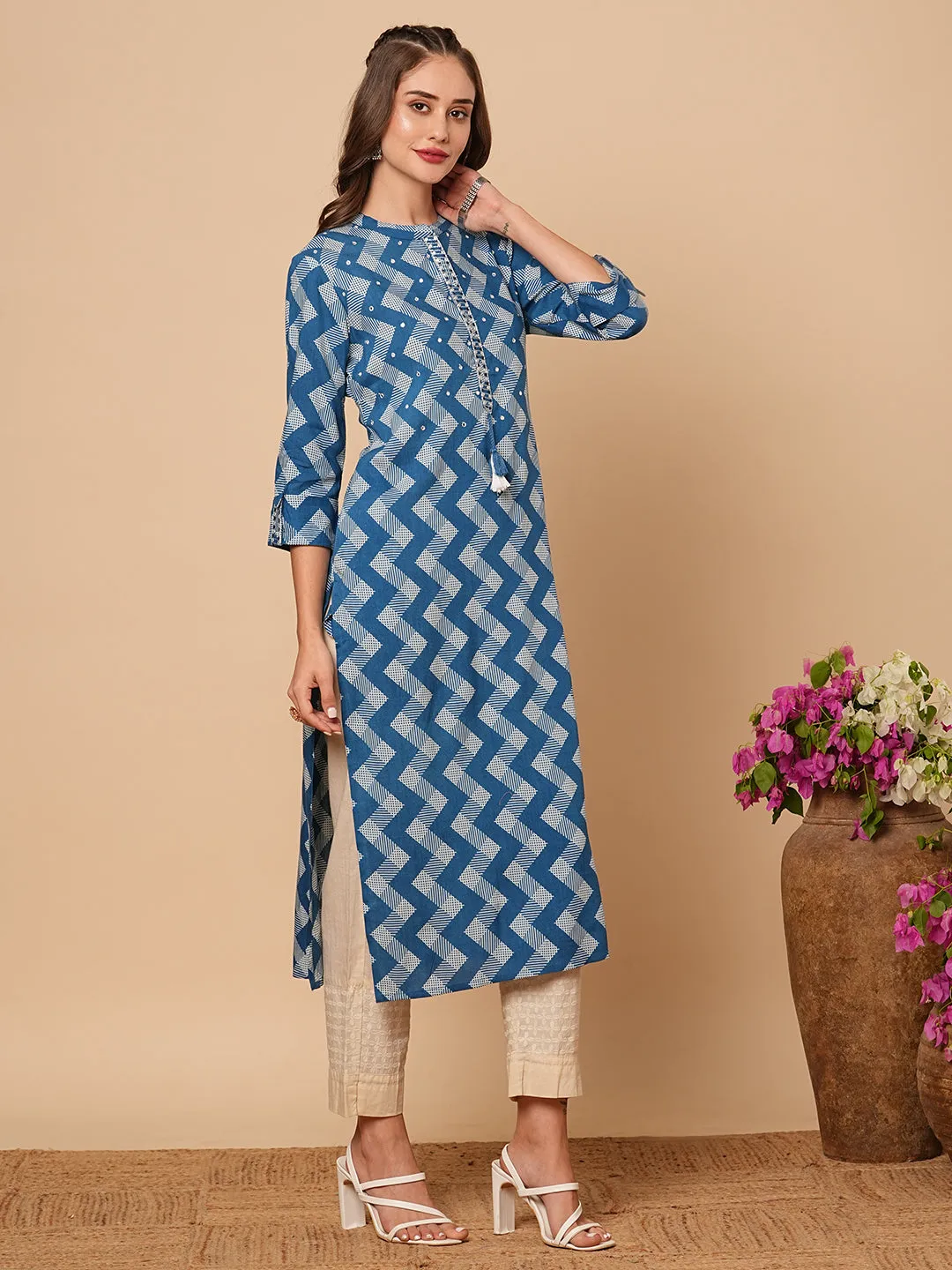 Ethnic Chevron Printed & Mirror Embroidered Straight Fit Kurta - Blue