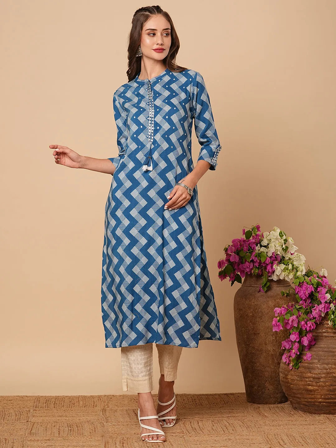 Ethnic Chevron Printed & Mirror Embroidered Straight Fit Kurta - Blue