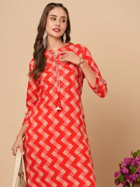 Ethnic Chevron Printed & Mirror Embroidered Straight Fit Kurta - Red