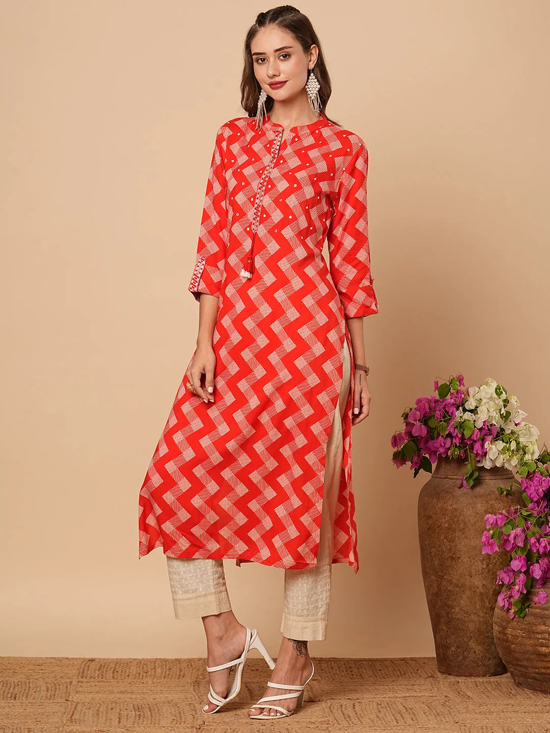 Ethnic Chevron Printed & Mirror Embroidered Straight Fit Kurta - Red