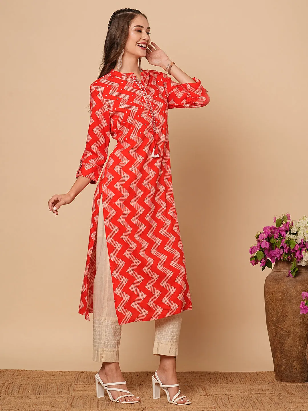 Ethnic Chevron Printed & Mirror Embroidered Straight Fit Kurta - Red