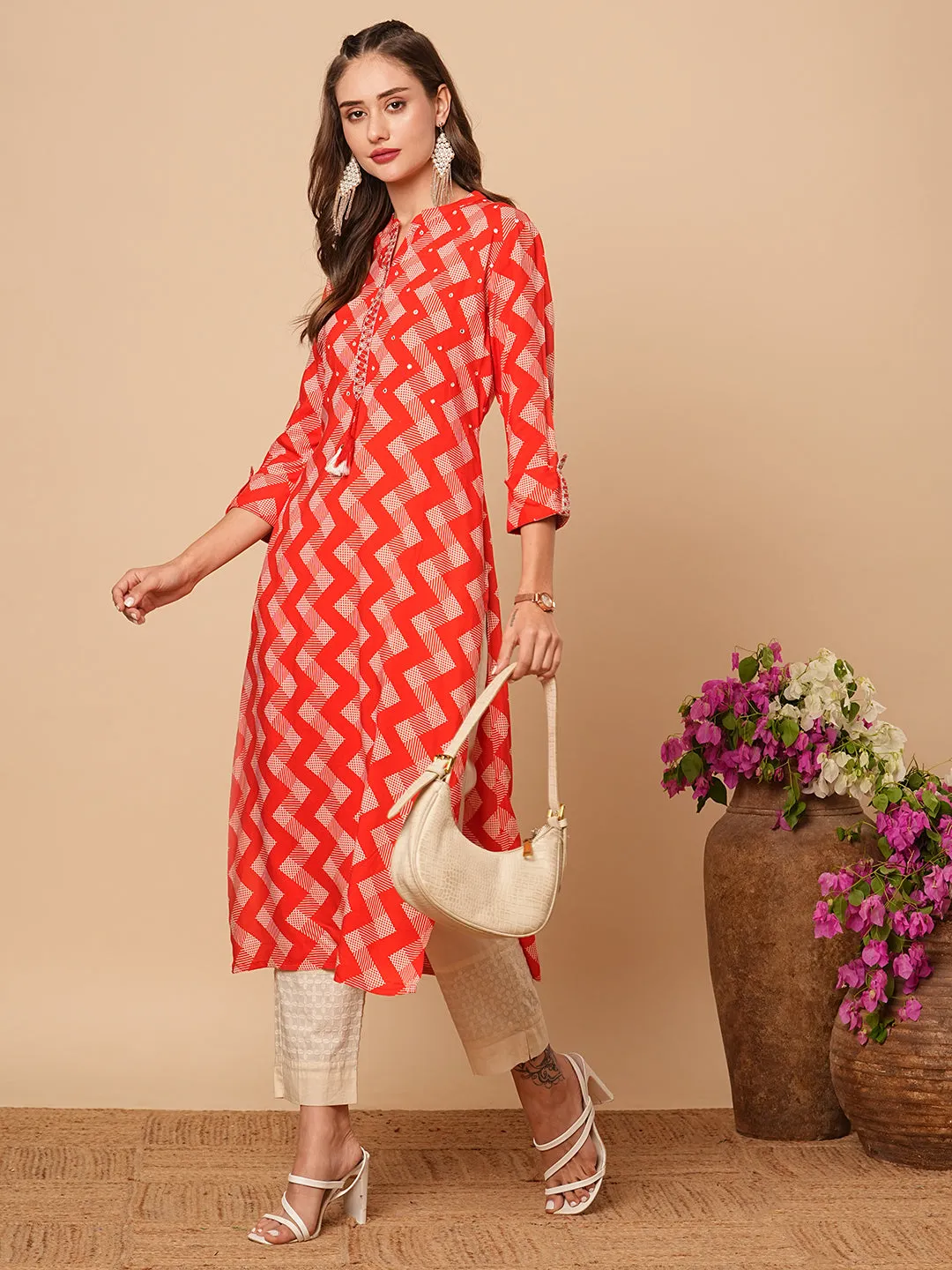 Ethnic Chevron Printed & Mirror Embroidered Straight Fit Kurta - Red