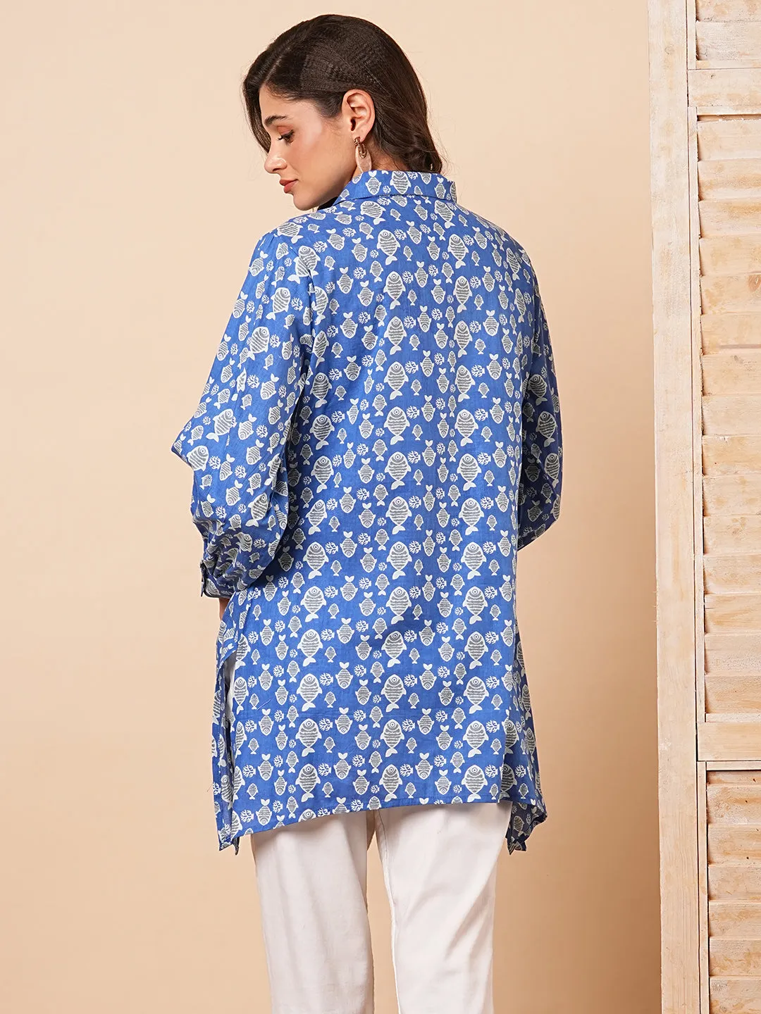 Ethnic Fish Motif Printed A-Line Cotton Shirt - Blue