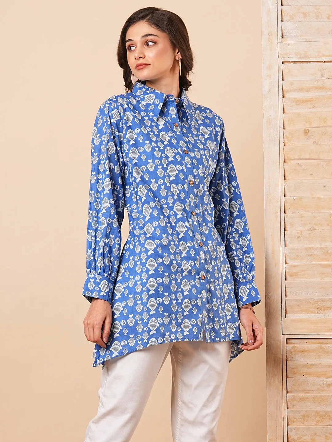 Ethnic Fish Motif Printed A-Line Cotton Shirt - Blue