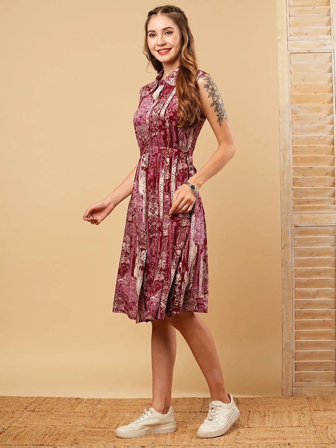 Ethnic Floral Foil Printed A-Line Kurta - Maroon